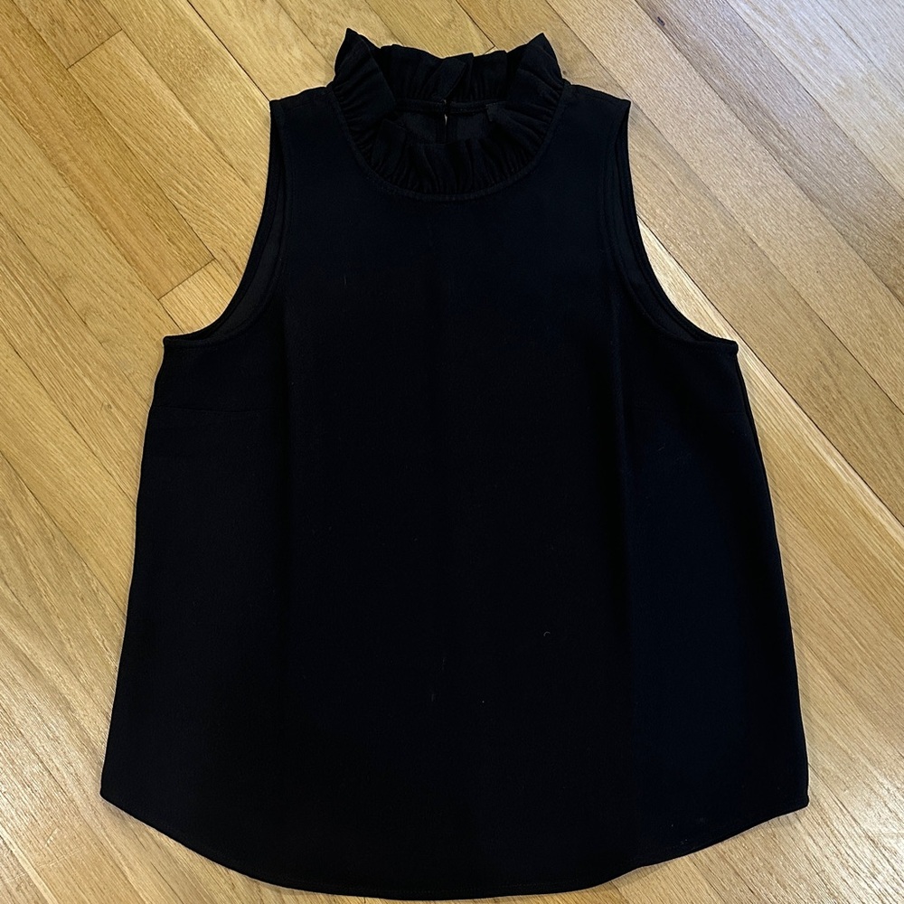J. Crew Black Ruffled Neck crepe sleeveless Top